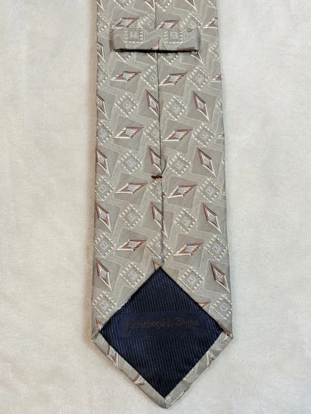Ermenegildo‎ Zegna Men's Geometric Beige Brown White 100% Silk Satin Tie